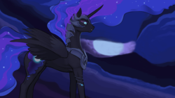 Size: 2560x1441 | Tagged: safe, artist:arareroll, edit, nightmare moon, g4, armor, black sclera, explicit source, eyelashes, fangs, female, frown, sfw edit, solo, spread wings, wide eyes