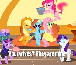 Size: 559x479 | Tagged: safe, artist:you have no idea, applejack, fluttershy, pinkie pie, rainbow dash, rarity, twilight sparkle, g4, exploitable meme, female, harem, lesbian, mane six, meme, omniship, rainbow dash gets all the mares, shipping, waifu, waifu thief, wife