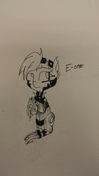 Size: 720x1280 | Tagged: safe, artist:tjpones, oc, oc only, oc:e-one, cyborg, amputee, monochrome, solo, traditional art