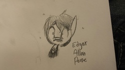 Size: 1280x720 | Tagged: safe, artist:tjpones, pony, edgar allan poe, monochrome, ponified, pun, solo, traditional art