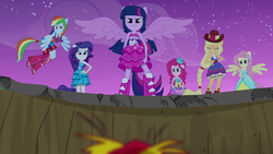 Size: 1600x900 | Tagged: safe, screencap, applejack, fluttershy, pinkie pie, rainbow dash, rarity, sunset shimmer, twilight sparkle, equestria girls, g4, boots, bracelet, fall formal outfits, female, hat, high heel boots, jewelry, mane six, ponied up, ponytail, top hat, twilight ball dress, wings