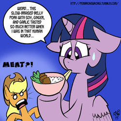 Size: 576x576 | Tagged: safe, artist:pembroke, applejack, twilight sparkle, alicorn, pony, g4, bowl, chopsticks, female, mare, meat, omnivore twilight, ponies eating meat, rice, twilight sparkle (alicorn)