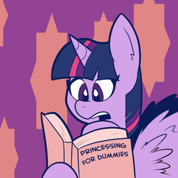 Size: 2400x2400 | Tagged: safe, artist:pembroke, twilight sparkle, alicorn, pony, g4, book, female, for dummies, high res, mare, reading, solo, twilight sparkle (alicorn)