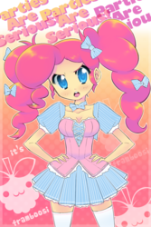 Size: 600x900 | Tagged: safe, artist:framboosi, pinkie pie, human, g4, alternate hairstyle, breasts, cleavage, clothes, dress, female, human coloration, humanized, pigtails, solo, tsundere