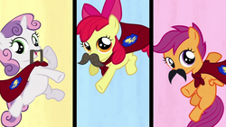 Size: 1600x900 | Tagged: safe, edit, edited screencap, screencap, apple bloom, scootaloo, sweetie belle, g4, one bad apple, cutie mark crusaders, fake moustache, image macro, meme, moustache, yay