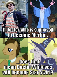Size: 434x582 | Tagged: safe, doctor whooves, paisley, star swirl the bearded, time turner, alien, human, pony, g4, battlefield (doctor who), beard, clothes, disney, doctor who, facial hair, image macro, jumper, male, meme, merlin, necktie, panama hat, pants, safari jacket, scarf, seventh doctor, stallion, sword in the stone, sylvester mccoy, the doctor, time lord