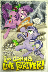 Size: 500x752 | Tagged: safe, artist:andy price, berry punch, berryshine, oc, oc:cork dork, earth pony, pony, g4, alcohol, andy you magnificent bastard, background pony, broken bottle, duo, female, fight, highlander, lightning, mare, pinot noir (wine), shield, there can be only one, vinyard, wine