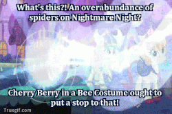 Size: 400x265 | Tagged: safe, screencap, cherry berry, spider, g4, animated, bee costume, clothes, costume, dr bees, fail, female, harry partridge, image macro, magic, male, meme, night, nightmare night, nightmare night costume, swarm, what's this?
