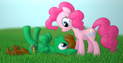 Size: 4123x2126 | Tagged: safe, artist:rin nakai, pinkie pie, oc, oc:ric tesla, g4, canon x oc, field, grass, high res, shipping