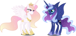 Size: 4187x2000 | Tagged: safe, artist:xebck, princess celestia, princess luna, alicorn, pony, g4, alternate design, alternate hair color, alternate hairstyle, duo, ethereal mane, eyeshadow, female, high res, makeup, mare, royal sisters, simple background, sisters, spread wings, starry mane, transparent background, vector, wings