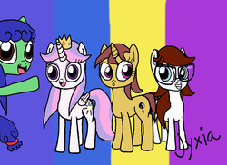 Size: 1100x800 | Tagged: safe, artist:jyxia, oc, oc only, oc:blood rose, oc:blurie grape, oc:sunshine, unnamed oc, alicorn, earth pony, pony, unicorn, alicorn oc, female, mare