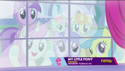 Size: 1366x768 | Tagged: safe, screencap, amethyst star, cotton mint, lemon hearts, sea swirl, seafoam, sparkler, tropical sunrise, twinkleshine, pony, unicorn, canterlot boutique, g4, background pony, female, mare, window