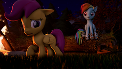 Size: 3840x2160 | Tagged: safe, artist:indexpony, rainbow dash, scootaloo, g4, sleepless in ponyville, 3d, campfire, high res, log, night, sitting, source filmmaker