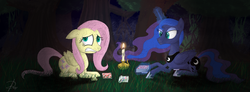 Size: 3855x1419 | Tagged: safe, artist:exovare, fluttershy, princess luna, g4, candle, candlelight, everfree forest, night, playing card, scared