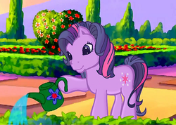 Size: 415x295 | Tagged: safe, edit, edited screencap, screencap, twilight sparkle, earth pony, g3, g4, the princess promenade, cute, earth pony twilight, female, friendship and flowers, g4 to g3, generation leap, mare, recolor, solo, twiabetes, watering can