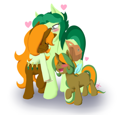 Size: 1852x1680 | Tagged: safe, artist:appelknekten, oc, oc only, oc:appel, oc:keepsake, oc:lily cureheart, earth pony, pony, unicorn, appelskylar, clothes, cutie mark fusion, daughter, family, father, female, filly, glasses, heart, lineless, male, mare, mother, offspring, parent:oc:appel, parent:oc:sketchy skylar, parents:appelskylar, parents:oc x oc, ribbon, saddle bag, scarf, simple background, stallion, white background
