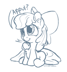 Size: 3000x3200 | Tagged: safe, artist:bobdude0, apple bloom, g4, adorabloom, apple, appul, chest fluff, cute, daaaaaaaaaaaw, female, high res, hnnng, monochrome, mouth hold, solo, weapons-grade cute