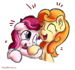 Size: 3000x2800 | Tagged: safe, artist:bobdude0, carrot top, golden harvest, roseluck, g4, colored sketch, friendshipping, high res, laughing, simple background, sketch