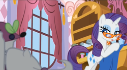 Size: 1501x835 | Tagged: safe, screencap, opalescence, rarity, pony, unicorn, canterlot boutique, g4, female, glasses, lidded eyes, mare, solo focus