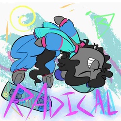 Size: 840x840 | Tagged: safe, artist:whydomenhavenipples, oc, oc only, oc:nikita, backbend, backflip, needs more jpeg, radical, skateboard, skateboarding