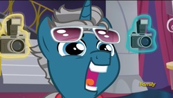 Size: 1920x1080 | Tagged: safe, screencap, fashion plate, pony, unicorn, canterlot boutique, g4, camera, discovery family logo, faic, fashion reaction, glasses, it begins, magic, magic aura, male, meme origin, solo, stallion, teeth, telekinesis