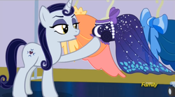Size: 1497x831 | Tagged: safe, screencap, moonlight raven, pony, unicorn, canterlot boutique, g4, clothes, dress, female, mare, over the moon, solo