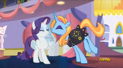 Size: 1499x831 | Tagged: safe, screencap, rarity, sassy saddles, pony, unicorn, canterlot boutique, g4, clothes, duo, female, lidded eyes, mare, mid-blink screencap, saddle bag