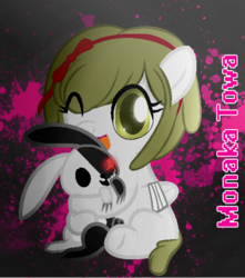 Size: 500x566 | Tagged: safe, artist:castermo23, pegasus, pony, rabbit, danganronpa, doll, female, filly, monaca towa, monokuma, ponified, solo, toy