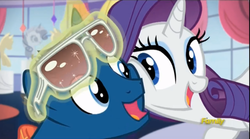 Size: 1507x835 | Tagged: safe, screencap, fashion plate, rarity, canterlot boutique, g4, magic, open mouth, smiling, squishy cheeks, telekinesis