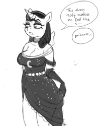 Size: 738x900 | Tagged: safe, artist:kevinsano, moonlight raven, anthro, canterlot boutique, g4, breasts, busty moonlight raven, cleavage, clothes, dialogue, dress, evening gloves, female, gloves, grayscale, monochrome, over the moon, solo, speech bubble, that was fast