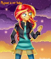 Size: 936x1080 | Tagged: safe, artist:lelka-philka, sunset shimmer, equestria girls, g4, my little pony equestria girls: rainbow rocks, my past is not today, clothes, female, fist, happy, jacket, leather jacket, pants, solo