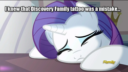 Size: 800x450 | Tagged: safe, edit, edited screencap, screencap, rarity, canterlot boutique, g4, caption, chubby cheeks, discovery family logo, image macro, meme, out of context, sad, tattoo