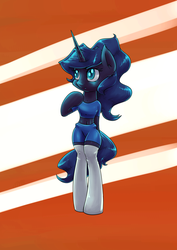 Size: 1280x1810 | Tagged: safe, artist:lovelyneckbeard, princess luna, pony, semi-anthro, g4, alternate hairstyle, belly button, bipedal, clothes, female, midriff, short shirt, socks, solo, thigh highs