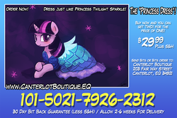 Size: 1125x750 | Tagged: safe, artist:lumineko, twilight sparkle, alicorn, pony, canterlot boutique, g4, advertisement, blushing, clothes, cute, dress, female, infomercial, looking at you, mare, princess dress, prone, smiling, solo, that was fast, twiabetes, twilight sparkle (alicorn)
