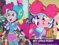 Size: 769x584 | Tagged: safe, screencap, applejack, cold forecast, fleur-de-lis, fluttershy, frosty orange, garden grove, golden hazel, normal norman, pinkie pie, pokey pierce, rarity, earth pony, pegasus, pony, unicorn, equestria girls, g4, my little pony equestria girls: friendship games, scare master, applelion, background human, clothes, comparison, costume, dress, female, halloween, mare, mermarity, pinkie puffs, rarity's mermaid dress, roller skates, self ponidox