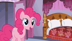 Size: 500x281 | Tagged: safe, screencap, pinkie pie, earth pony, pony, canterlot boutique, g4, season 5, :o, animated, bed, cupcake, discovery family, discovery family logo, disgusted, female, gif, hoopla pie, mare, pinkie pie is best facemaker, sick, solo, tongue out