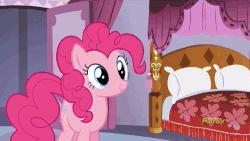 Size: 500x281 | Tagged: safe, screencap, pinkie pie, earth pony, pony, canterlot boutique, g4, season 5, animated, bed, cheek bulge, cupcake, discovery family, discovery family logo, eating, female, gif, long tongue, mare, pica, prehensile tongue, solo, tongue out