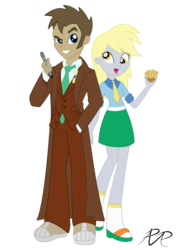 Size: 1156x1642 | Tagged: safe, artist:reg-d-fanfiction, derpy hooves, doctor whooves, time turner, equestria girls, g4, blazer, blouse, clothes, duo, equestria girls-ified, muffin, necktie, overcoat, pants, shirt, sideburns, simple background, skirt, sonic screwdriver, tenth doctor, trainers, transparent background, vector