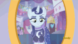 Size: 500x281 | Tagged: safe, screencap, lily love, moonlight raven, sunshine smiles, pony, unicorn, canterlot boutique, g4, animated, clothes, discovery family, discovery family logo, dress, fashion, female, hug, mare, mirror, over the moon, sisters, tripping the light