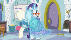 Size: 500x281 | Tagged: safe, screencap, rarity, pony, canterlot boutique, g4, animated, assembly line, bipedal, clothes, discovery family, discovery family logo, dress, female, frown, glasses, hoof hold, magic, mannequin, princess dress, solo, telekinesis
