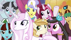 Size: 500x281 | Tagged: safe, screencap, cayenne, fleur-de-lis, jet set, lily love, say cheese, snapshot, sweet biscuit, upper crust, pony, unicorn, canterlot boutique, g4, animated, background pony, camera, discovery family, discovery family logo, female, male, mare, stallion