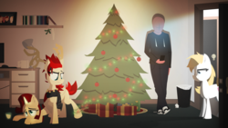 Size: 3840x2160 | Tagged: safe, artist:zvn, oc, oc only, oc:anon, oc:aryanne, oc:red pone (8chan), oc:ruby (8chan), human, /pone/, 8chan, christmas, christmas tree, clothes, high res, iwtcird, meme, scarf, tree