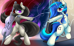 Size: 3800x2350 | Tagged: safe, artist:madacon, dj pon-3, octavia melody, vinyl scratch, anthro, unguligrade anthro, g4, backwards cutie mark, belly button, bottomless, cello, clothes, headphones, high res, hoof hands, musical instrument, speaker, vest