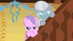 Size: 800x450 | Tagged: safe, screencap, diamond tiara, silver spoon, twist, pony, call of the cutie, g4, animated, blinking, cute, eyes closed, female, frown, glare, grin, jumping, male, smiling, twistabetes