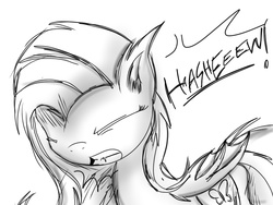 Size: 1024x768 | Tagged: safe, artist:daisymeadows, fluttershy, bat pony, pony, g4, female, flutterbat, monochrome, sneezing, solo