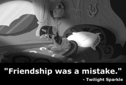 Size: 1282x864 | Tagged: safe, twilight sparkle, g4, anime was a mistake, female, friendship, grayscale, image macro, meme, mistake, monochrome, solo, text, the truth