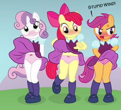 Size: 4180x3800 | Tagged: safe, artist:liggliluff, apple bloom, scootaloo, sweetie belle, anthro, adorabloom, annoyed, belly button, blushing, clothes, covering, cross-popping veins, cute, cutealoo, cutie mark crusaders, diasweetes, embarrassed, embarrassed underwear exposure, female, fetish, frilly underwear, heart, heart print underwear, mary janes, panties, panty fetish, panty shot, pink underwear, school uniform, school uniform fetish, silly panties, skirt, skirt flip, skirt lift, skirtaloo, underwear, upskirt, vector, wavy mouth, wind, windy, young