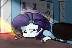 Size: 1125x750 | Tagged: safe, artist:lumineko, rarity, canterlot boutique, equestria girls, g4, boutique depression, cute, equestria girls interpretation, eyes closed, faceplant, female, frown, scene interpretation, solo, tired