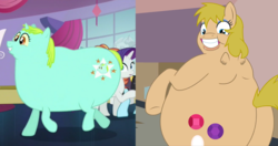 Size: 1622x856 | Tagged: safe, artist:pikapetey, edit, screencap, rarity, sassy saddles, whoa nelly, oc, oc:fatty cheeseburger, pony, good morning baltimare, canterlot boutique, g4, fat, hilarious in hindsight