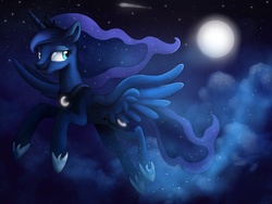 Size: 1024x768 | Tagged: dead source, safe, artist:ibsn, princess luna, alicorn, pony, g4, female, flying, moon, shooting star, solo